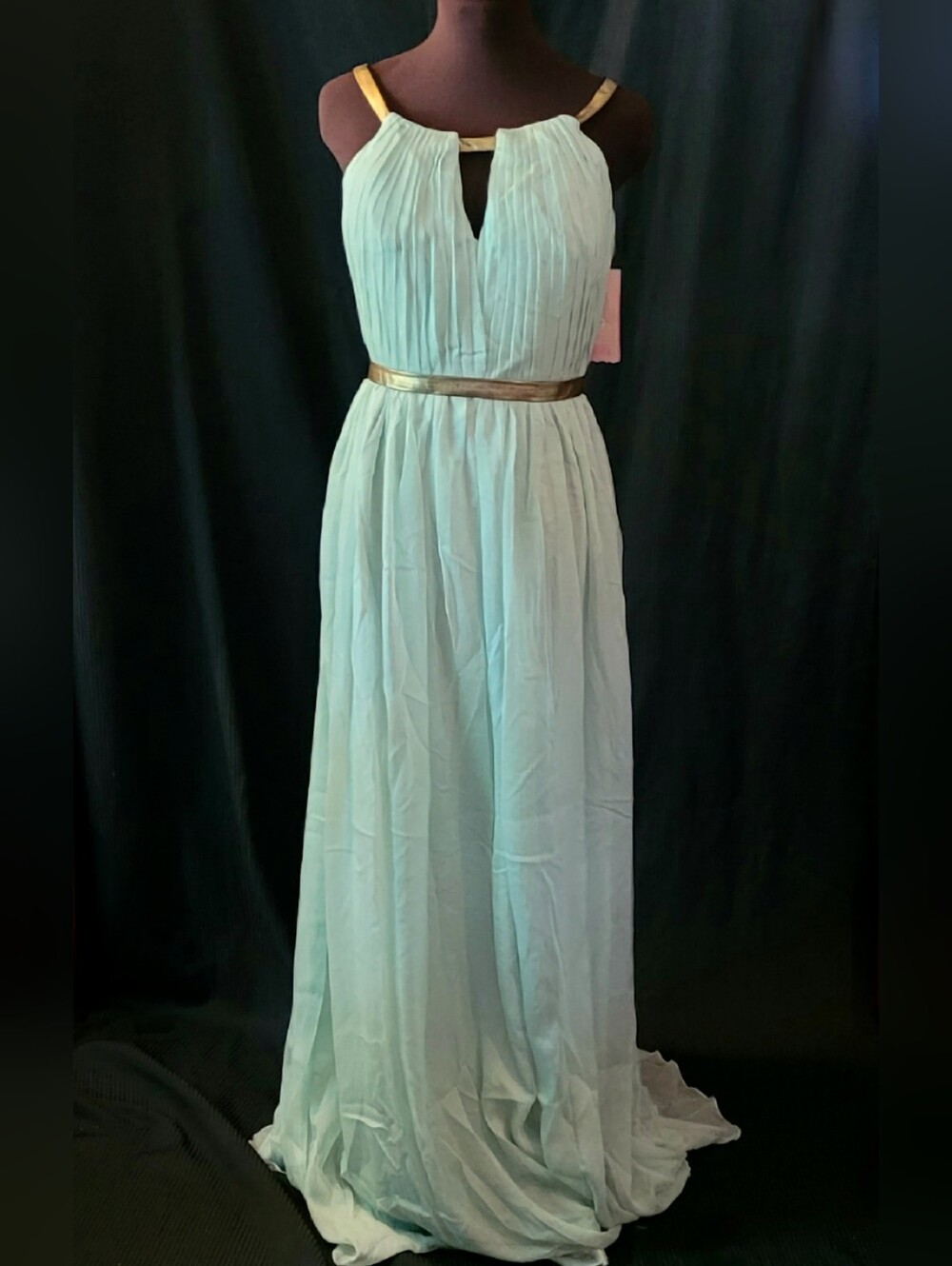 New Sz 12 Light Mint Goddess Halter Dress with Gold Trim